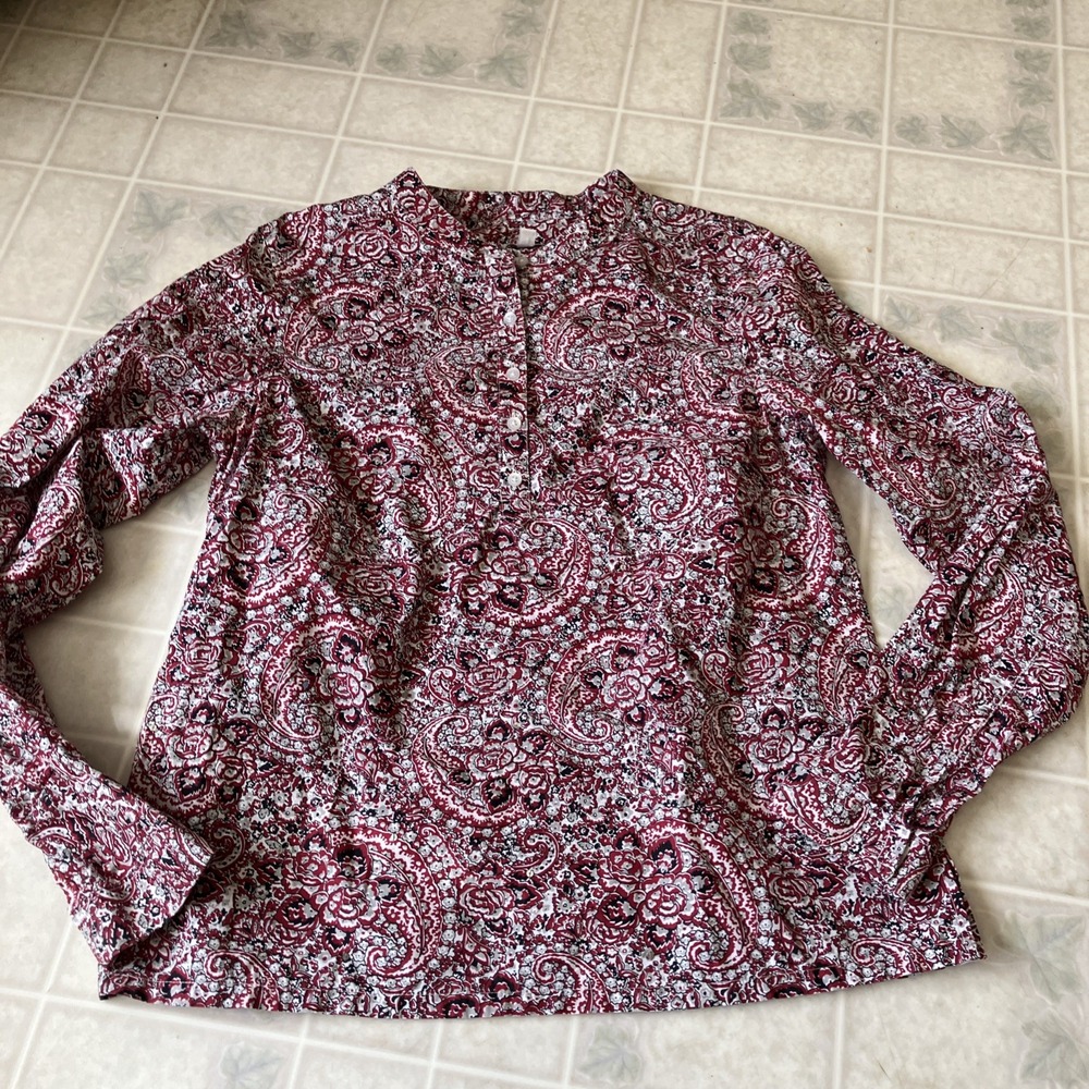 Talbots red Floral Button front collarless sequin paisley print Old money Casual